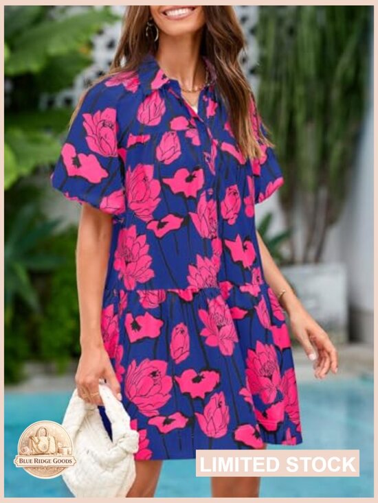 Floral Button Down Shirt Dress Puff Sleeve Loose Fit Mini Casual Boho Summer - Picture 5 of 7